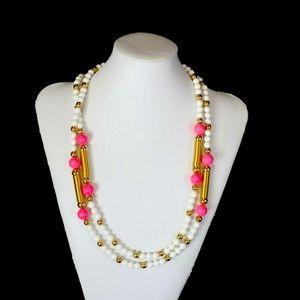 Vintage White, Pink, and Gold-tone Long 55" Strand Beaded Necklace Beads